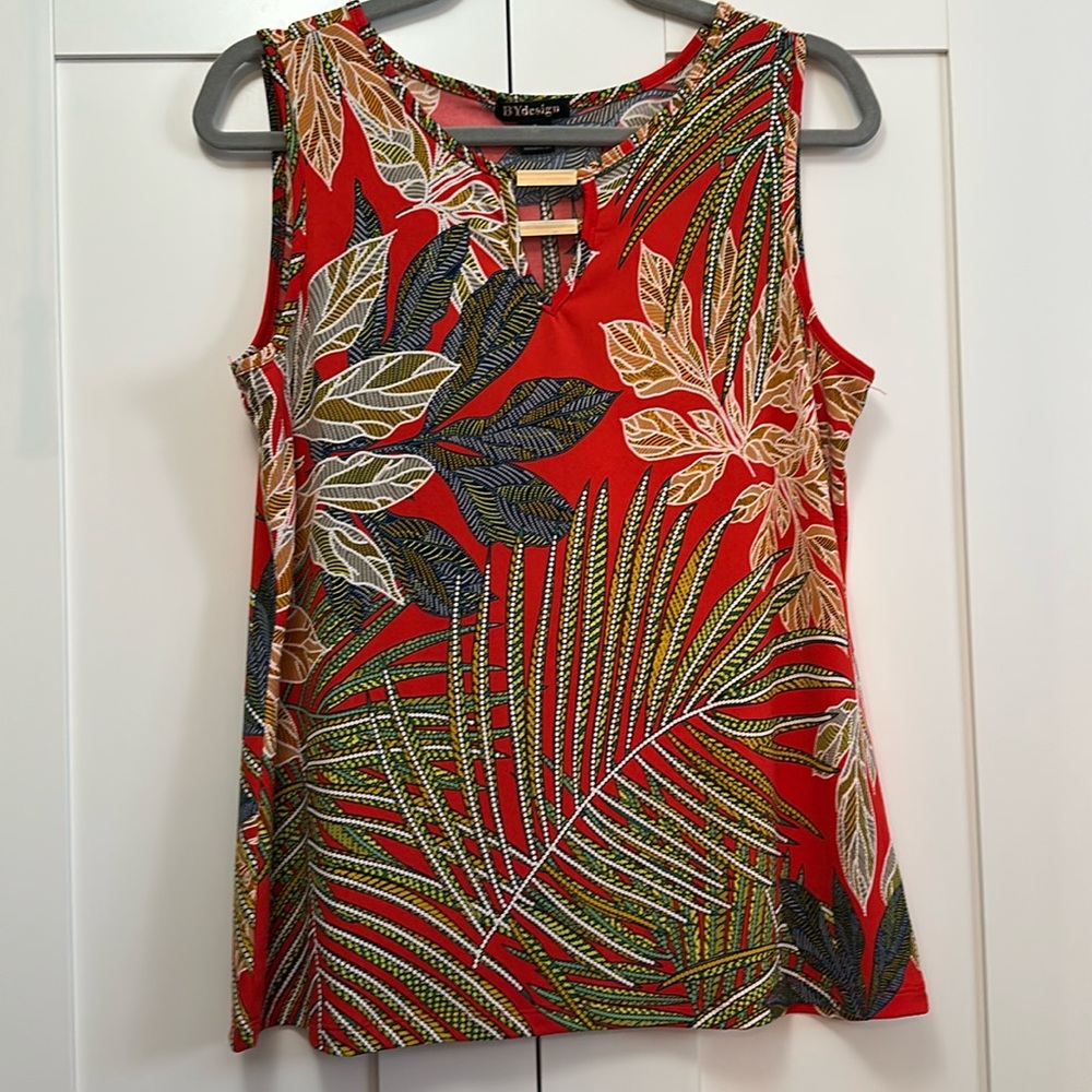 Red Sleeveless Women’s Tropical Print Tank Top Sz MED